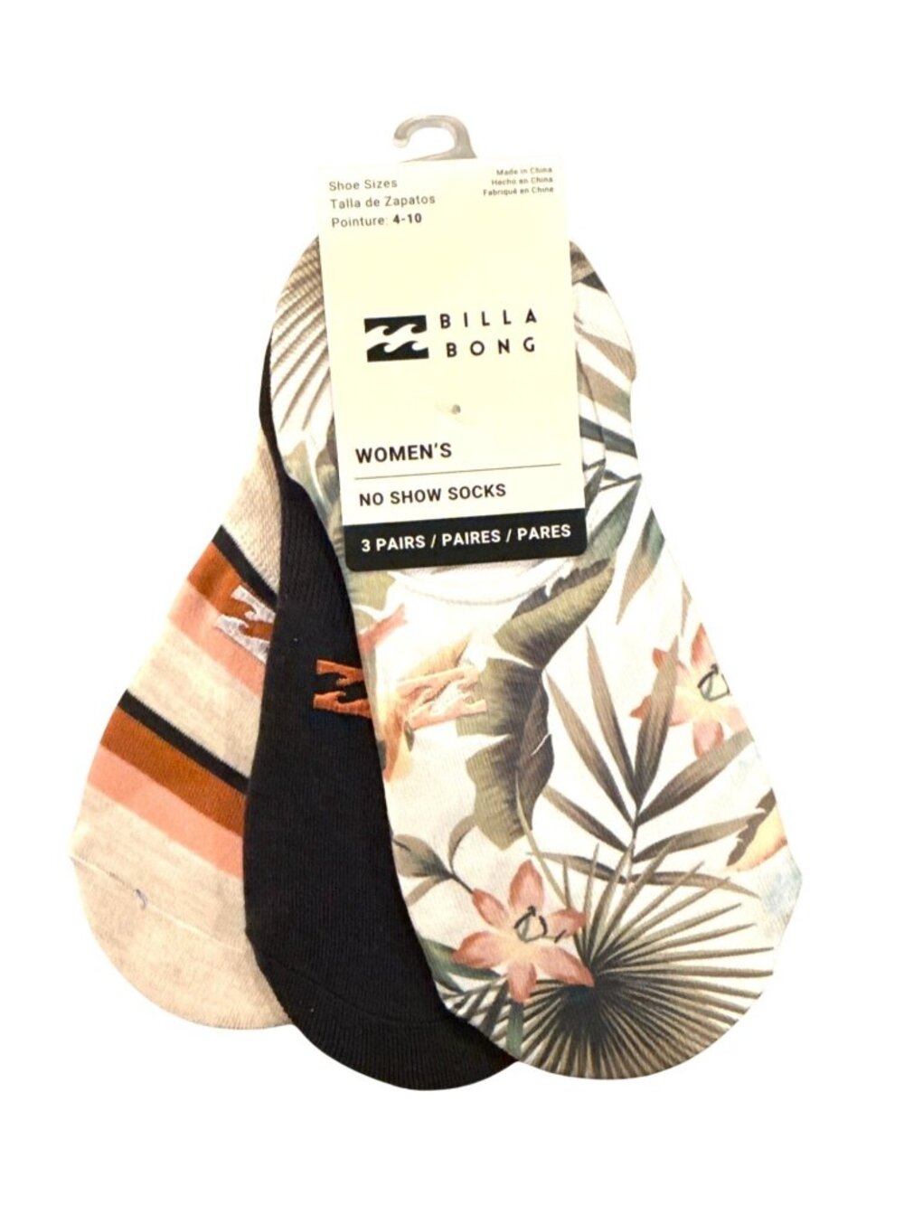 Stylish Billabong Women No-Show Socks 3-Pack Non-Slip Gel Heel Grip Sh.Size 4-10